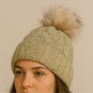 Joy Susan Taupe Knit Beanie with Faux Fur Pom